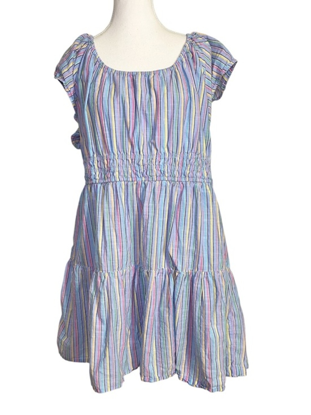 GAP Pastel Striped Smocked Waist Tiered Cotton Mini Dress Size XXL Boho